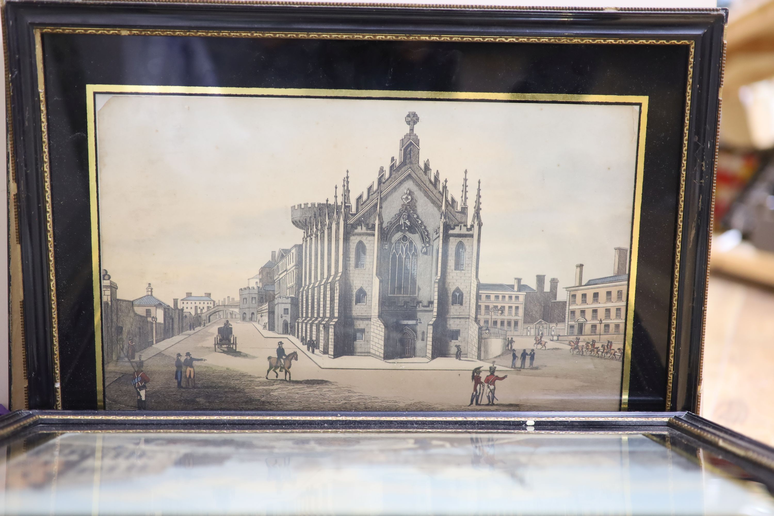 Henry Brocas Jnr. (1798-1853) after Samuel Brocas, set of eight coloured engravings, Topographical views of Dublin, 26 x 39cm, eglomise framed